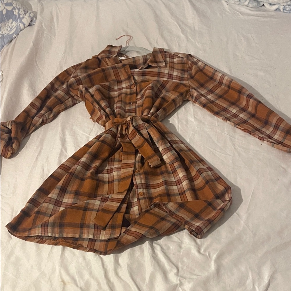 Plaid Button-Up Dress with Tie Waist
